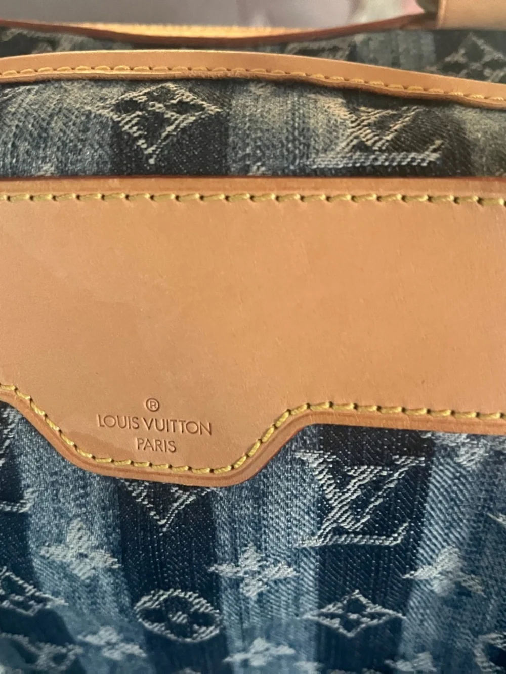 LV Denim Cloth weekender bag with leather trim and shoulder strap